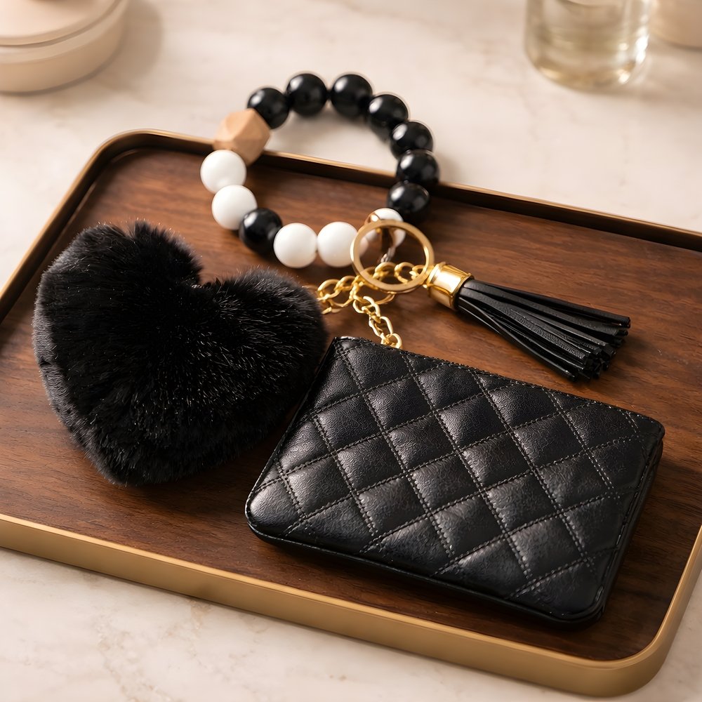 Black Quilted Wristlet Keychain with Heart Pom and Tassel